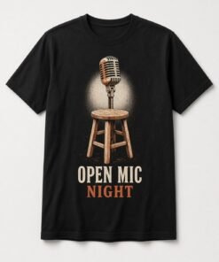 Open Mic Night Vintage Microphone unisex t-shirt in black with vintage microphone on a wooden stool in a spotlight